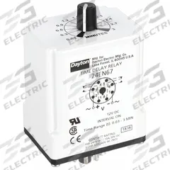 DAYTON Single Function Time Delay Relay: Socket Mounted, 12V DC, 10 A, 8 Pins/Terminals, Interval (MPN 24EN67). Key specifications — Brand: DAYTON.