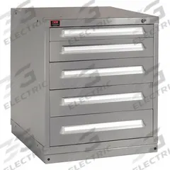 LYON Modular Drawer Cabinet: 30 in x 28 1/4 in x 33 1/4 in, 5 Drawers, 104 Compartments, Gray, Steel (MPN DDM353030000BIL). Key specifications — Drawer Inside Height: (3) 5-3/8 in; Drawer Access: Multiple; Base Type: Frame; Number of Compartments per Drawer: (3) 16, (1) 24, (1) 32; Brand: LYON; Cabinet Color: Gray.
