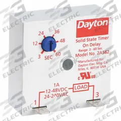DAYTON Single Function Encapsulated Timing Relay: Surface Relay Mounting, 12 to 48V DC/24 to 240V AC (MPN 2A562). Key specifications — Input Voltage: 12 to 48V DC; Brand: DAYTON.