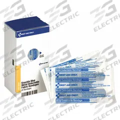 FIRST AID ONLY Adhesive Bandage: Knuckle Bandages, 1 1/2 in Wd, 3 in Lg, Metal Detectable, Fabric (MPN FAE-3030). Key specifications — Product Type: Knuckle Bandages; Unitized: Unitized; Water Resistance: Not Water Resistant; Brand: FIRST AID ONLY; Latex Content: Latex Free; Metal Detectable: Metal Detectable; Package Type: Box; Manufacturer Part Number: FAE-3030.