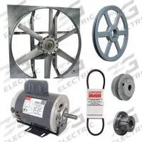 Exhaust Fan with Drive Package: Belt Drive, 36 in Blade, 3/4 hp, 14,345 cfm, 115/230V AC, 1 ph (MPN 7AR60). Key specifications — Frame Finish: Zinc Plated; Assembled: Unassembled; Brand: DAYTON; Nameplate Voltage: 115/230V AC; Frame Material: Steel; Guard Type: None; Method of Construction: Cast; Motor Insulation: Class B.