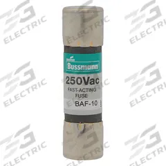 BUSSMANN Fuse: BAF Series, Midget, Fast-Acting, 250 mA, 250 V AC, 13/32 in x 1 1/2 in (MPN BAF-1/4). Key specifications — attr1287209: BAF; attr211192: BUSSMANN.