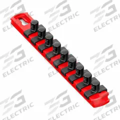 ERNST MANUFACTURING Socket Organizer Rail: Red, 1 1/8 in Overall Wd, 9 Posts/Slots, Plastic, Sockets (MPN 8411M). Key specifications — attr1125333: I.D. Stickers; attr1125348: Plastic; attr1125346: ERNST MANUFACTURING; attr1125347: Red; attr1136588: Sockets; attr1125364: Socket Rail.