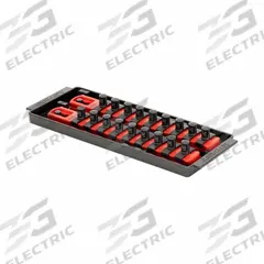 ERNST MANUFACTURING Socket Organizer: Red, 3 5/8 in Overall Wd, 18 Posts/Slots, Sockets (MPN 8553). Key specifications — attr1125333: (192) I.D. Stickers; attr1125346: ERNST MANUFACTURING; attr1125347: Red; attr1136588: Sockets; attr1125364: Socket Bit Tray.