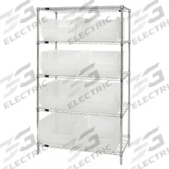 QUANTUM STORAGE SYSTEMS Bin Shelving: 42 in x 24 in x 74 in, 1 Sided, 8 Bins, Open, Clear, 5 Shelves (MPN WR5-955CL). Key specifications — Includes Bins: Yes; Bin Material: Polypropylene; Frame Color: Silver; Bin HxWxD: (8) 12 in x 18-1/4 in x 23-7/8 in; Frame Material: Steel; Bin Color: Clear; Bin Style: Hang and Stack; Brand: QUANTUM STORAGE SYSTEMS.