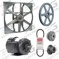 Exhaust Fan with Drive Package: Belt Drive, 30 in Blade, 3/4 hp, 10,798 cfm, 208-230/460V AC, 3 ph (MPN 7M8A5). Key specifications — Frame Finish: Zinc Plated; Assembled: Unassembled; Brand: DAYTON; Nameplate Voltage: 208-230/460V AC; Frame Material: Steel; Guard Type: None; Method of Construction: Cast; Motor Type: 3-Phase.