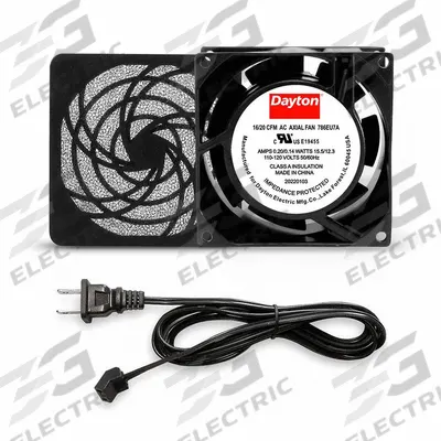 Dayton Axial Fan: 16 cfm_20 cfm Airflow @ 0.000 in SP, 3 1/8 in Ht, 1 in Dp, Terminals - Standard Square Axial Fan Kits
