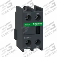 SCHNEIDER Auxiliary Contact Block: 1NO/1NC, 10 A Max Current (AC), Front Mount, Front-Mounted (MPN LADN11). Key specifications — Brand: SCHNEIDER; Compatible with Series: TeSys.