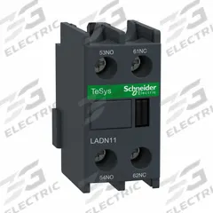 SCHNEIDER Auxiliary Contact Block: 1NO/1NC, 10 A Max Current (AC), Front Mount, Front-Mounted (MPN LADN11). Key specifications — Brand: SCHNEIDER; Compatible with Series: TeSys.