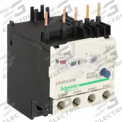 SCHNEIDER Overload Relay: Thermal Protection, 3 Poles, 1NO/1NC, Phase Loss Sensitivity (MPN LR2K0308). Key specifications — Brand: SCHNEIDER; Auxiliary Contact Form: 1NO/1NC; Compatible Contactor Series: TeSys Deca; Terminal Connection Type: Screw Clamp Terminals; Maximum Voltage Rating: 690V AC (Signaling Circuit); Phase Loss Sensitivity: Yes; Thermal Units Required: None (Relay Includes Integrated Bimetallic Elements); Compatible Contactors: TeSys K Models.