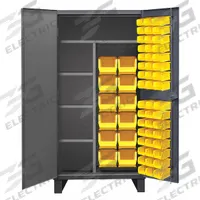 DURHAM MFG Bin Cabinet: 36 in x 24 in 78 in, 4 Shelves, 60 Bins, Yellow, Flush/Solid, 12 ga Panel (MPN HDJC243678-60-4S95). Key specifications — Bin Color: Yellow; Bin HxWxD: (12) 8 in x 15 in x 7 in; Assembled: Assembled; Cabinet Style: Shelf and Bin; Brand: DURHAM MFG; Cabinet Color: Gray; Cabinet Finish: Powder Coated; Cabinet Material: Steel.