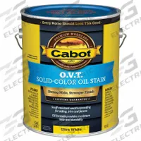 CABOT Wood Stain: Wood Stain, Exterior, Oil, 1 gal Container Size, Wood, Flat, Ultra White, Solid (MPN 140.0006712.007). Key specifications — Brand: CABOT; Transparency: Solid; Use Location: Exterior; Sheen: Flat; Sub-Brand: OVT; Color: Ultra White.