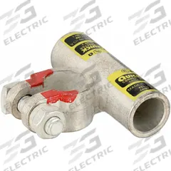 FUSION Battery Terminal: Flag, Crimp, 4/0 ga, Yellow Color, Positive, Copper/Tin, 2.3 in Overall Wd (MPN 4340P). Key specifications — Contact Material: Copper; Alignment: Flag; Color Code: Yellow; Connection Type: Crimp; Gauge: 4/0 ga; Polarity: Positive; Brand: FUSION.