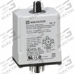 SCHNEIDER Single Function Time Delay Relay: Socket Mounted, 120V DC, 10 A, 11 Pins/Terminals (MPN 9050JCK23V20). Key specifications — Contact Rating (AC): 10 A @ 120/240V; Brand: SCHNEIDER.