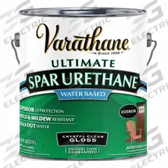 VARATHANE Finish: Finish, Exterior, Water, 1 gal Container Size, Wood, Gloss, Crystal Clear, Clear (MPN 250031). Key specifications — Brand: VARATHANE; Transparency: Clear; Use Location: Exterior; Sheen: Gloss; Sub-Brand: Ultimate; Color: Crystal Clear.