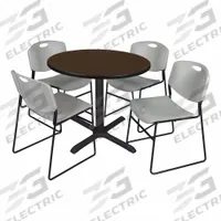 CAIN Cafe/Breakroom Table: Laminate, Walnut, 29 in Overall Ht - Max, Circle, Black, Metal, Black (MPN TB36RNDNW44GY). Key specifications — attr1039436: CAIN; attr1039447: Black; attr1039448: Metal; attr1039806: Black; attr1039828: Walnut; attr1039829: Circle; attr1039830: Laminate; attr1039831: Laminate.