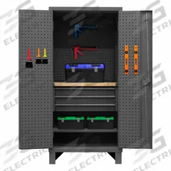 DURHAM MFG Pegboard Cabinet: 36 in x 24 in x 78 in, Swing Handle & Padlock Hasp, 12 ga Panel Thick (MPN HDCDPWT243678-3M95). Key specifications — attr62698: Gray; attr62736: Welded; attr87895: Legs; attr62693: Assembled; attr62737: Stationary; attr62694: Adjustable; attr62695: Powder Coated; attr62696: Steel.