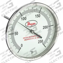 DWYER Glow-in-the-Dark Dial Thermometer: 0°F to 250°F, +/- 1% Accuracy, 5 in Dial Dia, Male (MPN GBTA59051). Key specifications — attr1275048: +/- 1%; attr1275052: DWYER.