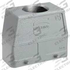 HARTING M40 Rectangular Connector Hood: Size 16 B, Top, Single-Entry, M40 Cable Entry, Aluminum (MPN 19300160428). Key specifications — IP Rating: IP65; Size Designation: 16 B; Cable Entry Thread Size: M40; Seal Material: NBR; Locking Type: Dual Lever; Brand: HARTING; Primary Material: Aluminum; Operating Temperature Range: -40 to 125 Degrees C.