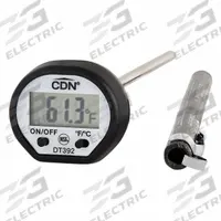 CDN Digital Thermometer: Food Safety/Gen Purpose Cooking, LCD, 5 5/8 in Overall Lg, 1 1/4 in Dia (MPN DT392). Key specifications — Accuracy: ±1.7 ° F or ±1 ° C; Brand: CDN; Case Material: Plastic; Display Type: LCD; Features: Temperature Guide on Sheath; Lens Material: LCD; NSF Certified: Yes; Thermometer Type: Digital Thermometer.