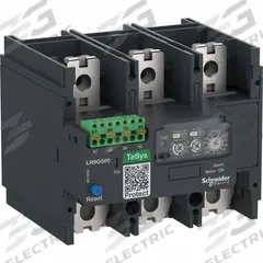 SCHNEIDER Overload Relay: Electronic Protection, 3 Poles, 1NO/1NC, Phase Loss Sensitivity (MPN LR9G500). Key specifications — Brand: SCHNEIDER; Auxiliary Contact Form: 1NO/1NC; Compatible Contactor Series: TeSys Giga; Trip Class: 5E/30E; Terminal Connection Type: Box Lugs; Maximum Voltage Rating: 500V AC; Phase Loss Sensitivity: Yes; Thermal Units Required: Not Applicable to Electronic Type Overload Relays.