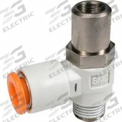 SMC Flow Control Valve: Elbow Fitting, Screwdriver Slot, 1/4 in/1/8 in Valve Body Size, 6 mm Tube (MPN AS2201F-02-06SD). Key specifications — attr947203: Brass/PBT; attr947205: SMC.