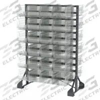AKRO-MILS Bin Rail Floor Rack: 36 in x 54 in x 30 in, 2 Sided, 48 Bins, Hang and Stack Bin, Clear (MPN 30016240SC). Key specifications — Bin Color: Clear; Bin HxWxD: (48) 7 in x 8-1/4 in x 14-3/4 in; Rack Color: Gray; Brand: AKRO-MILS.