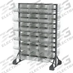 AKRO-MILS Bin Rail Floor Rack: 36 in x 54 in x 30 in, 2 Sided, 48 Bins, Hang and Stack Bin, Clear (MPN 30016240SC). Key specifications — Bin Color: Clear; Bin HxWxD: (48) 7 in x 8-1/4 in x 14-3/4 in; Rack Color: Gray; Brand: AKRO-MILS.