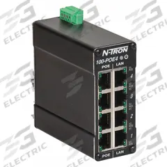 RED LION Ethernet Switch: Unmanaged, DIN Rail, 4 Ports, RJ45, 10/100 Base-TX (MPN 100-POE4-MDR). Key specifications — Port Type: RJ45; Manufacturer Part Number: 100-POE4-MDR; Brand: RED LION; Features: Full Wire Speed Communications; Maximum Input Voltage: 49V DC; Mounting Location: DIN Rail; Network Interface: 10/100 Base-TX.