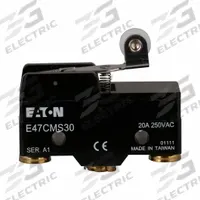 EATON Snap Action Switch: Roller Lever Actuator, SPDT, Screw Terminals (MPN E47CMS30). Key specifications — AC Contact Rating: 20 A @ 250 V; Electrical Connection: Screw Terminals; Series: E47; Brand: EATON.