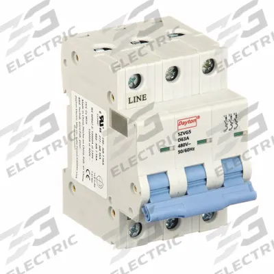 Dayton Supplementary Protector: 63 A Amps, 7.5kA at 480V AC, Screw Clamp, NDB2-63 - D-Curve, 3-Pole UL1077 DIN Rail-Mount Supplementary Protectors