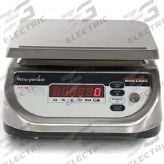 RICE LAKE WEIGHING SYSTEMS Food Scale: 7 7/8 in Weighing Surface Dp, 9 3/8 in Weighing Surface Wd (MPN RLP-15S). Key specifications — Readability: 2 g/0.005 lb/0.05 oz; Brand: RICE LAKE WEIGHING SYSTEMS; IP Rating: IP68.