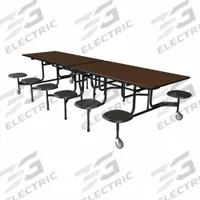 PALMER HAMILTON Cafeteria Table: Montana Walnut, Stool Seat, 29 in Overall Ht, 59 in Overall Lg (MPN 59TV23293012-S12-MBL). Key specifications — Tabletop Structural Material: Industrial Grade High Pressure Laminate with Particleboard Core; Tabletop Surface Material: Laminate.