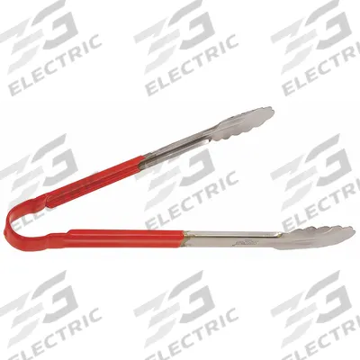 CRESTWARE Uncoated Scalloped Tongs: Stainless Steel Blade, 12 in Overall Lg, Red