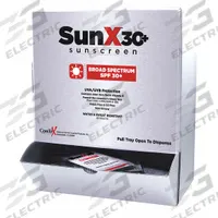 SUNX Sunscreen: 30 SPF, Lotion, 0.25 oz, 50 PK (MPN 18-350). Key specifications — Unitized: Unitized; Manufacturer Part Number: 18-350; Format: Lotion; Purpose: Sunscreen; Brand: SUNX; Formula Features: Oil Free; Unit Package Type: Packet; Active Ingredient: Aloe Vera.