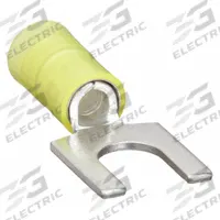 PANDUIT Fork Terminals: Yellow, Nylon, 1/4 in Stud Size, 12 AWG – 10 AWG Wire Range, Std Fork, 600 V (MPN PN10-14F-L). Key specifications — Barrel Style: Insulation Grip; Manufacturer Part Number: PN10-14F-L; Brand: PANDUIT; Series: CT.
