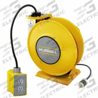 HUBBELL WIRING DEVICE-KELLEMS Extension Cord Reel: Ratchet Lock, 45 ft Cord Lg, 14 AWG, SJO, 5-15P (MPN HBLI45143GF15Y). Key specifications — Retractable Cord Ending NEMA Configuration: 5-15R; Feeder Cord Ending NEMA Configuration: 5-15P; Brand: HUBBELL WIRING DEVICE-KELLEMS.