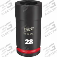 MILWAUKEE Deep Impact Socket: 3/4 in Drive Size, Metric, 28 mm Socket Size, 6-Point, Deep, Friction (MPN 49-66-6403). Key specifications — attr1215501: MILWAUKEE; attr1215515: Black Phosphate; attr1215518: 28 mm.