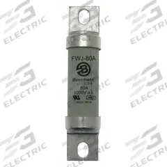 Semiconductor Fuse: FWJ Series, Fast-Acting, 80 A, 1,000 V AC, 800 V DC DC Volt Rating (MPN FWJ-80A). Key specifications — Series: FWJ; Brand: BUSSMANN; Voltage Type: AC/DC.