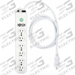 TRIPP LITE Outlet Strip: 6 Outlets, 6 ft Cord Lg, 15 A Current, UL 1363, White, 5-15P, 1 1/2 in Wd (MPN PS-606-HG). Key specifications — Brand: TRIPP LITE; Mounting Style: Keyhole.