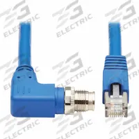 EATON TRIPP LITE Ethernet Cable: 9.8 ft Lg, X Coding, M12 Male Right Angle x RJ45 Male Straight, PVC (MPN NM12-6A4-03M-BL). Key specifications — Brand: EATON TRIPP LITE; Cable Jacket Color: Blue; End 1 Coding: X; IP Rating: IP68; Performance Category: Cat6a; Power over Ethernet (PoE): PoE++.