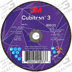 3M CUBITRON 3 Abrasive Cut-Off Wheel: Type 1, 4" x 0.035" x 3/8", Ceramic, 60 Grit (MPN 90033). Key specifications — Brand: 3M CUBITRON 3.