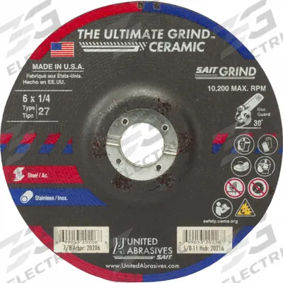 UNITED ABRASIVES-SAIT Abrasive Grinding Wheel: Type 27, 6" x 1/4" x 7/8", Ceramic, 24 Grit - Cool-Cutting Grinding Wheels for Carbon & Stainless Steel