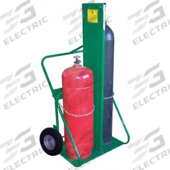 SAFTCART Cylinder Hand Truck: 400 lb, Side by Side, 2 Cylinder, 24 in W x 13 in D Nose Plate (MPN 402-16FW). Key specifications — Brand: SAFTCART; Color: Green; Securing Mechanism: Chain.