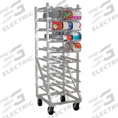 NEW AGE Can Rack: Full Size, 9 Shelves, 216 Cans Held, Mobile, 78 in Overall Ht, 35 in Dp, Aluminum (MPN 1250CK). Key specifications — Material: Aluminum; Brand: NEW AGE; Full Size/Half Size: Full Size; Mobile/Stationary: Mobile; NSF Certified: Yes.