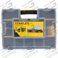 STANLEY Compartment Box: 16 3/4 in x 13 in x 3 3/8 in, Black/Yellow, 14 Compartments, 8 Adj Dividers (MPN STST14027). Key specifications — ESD Conductive: Not Electrostatic Discharge Conductive; Color: Black/Yellow; Compartment WxD: 16-4/5 in x 12-15/16 in x 3-7/16 in; Brand: STANLEY; Material: Plastic.