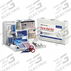 FIRST AID ONLY First Aid Kit and Housing: Gen Purpose, 25 People Served, 106 Components, Metal (MPN 224-U/FAO). Key specifications — Adhesive Bandages Included: (3) Fingertip Bandages; Application: General Purpose; Brand: FIRST AID ONLY; Housing Color: White; Housing Material: Metal; Includes Oral or Inhalant Medication: Medication Included; Mountable: Portable; Oral and Inhalant Medicinals Included: (12) Aspirins.