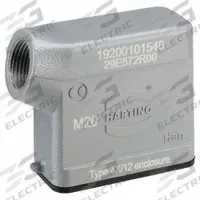 HARTING M20 Rectangular Connector Hood: Size 10 A, Side, Single-Entry, M20 Cable Entry, IP65, Gray (MPN 19200101540). Key specifications — IP Rating: IP65; Size Designation: 10 A; Cable Entry Thread Size: M20; Seal Material: NBR; Locking Type: Single Lever; Brand: HARTING; Primary Material: Aluminum; Operating Temperature Range: -40 to 125 Degrees C.
