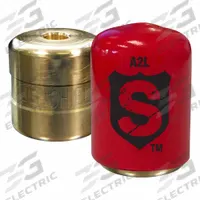 SHIELD Refrigerant Locking Cap: Brass, 5/16 in Connection, 1 in Lg, R-32/R-454B (MPN SHLD-E12-A2L). Key specifications — Includes: Bits; Unlocking Method: Bit and Driver; Compatible Refrigerant Type: R-454B; Brand: SHIELD; Cap Material: Brass; Sleeve Color: Red.