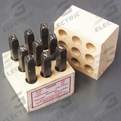 YOUNG BROS. STAMP WORKS Hand Stamp Kit: 0 thru 9 (6 doubles as 9), 1/8 in Character Ht - Sharp-Face Hand Stamps